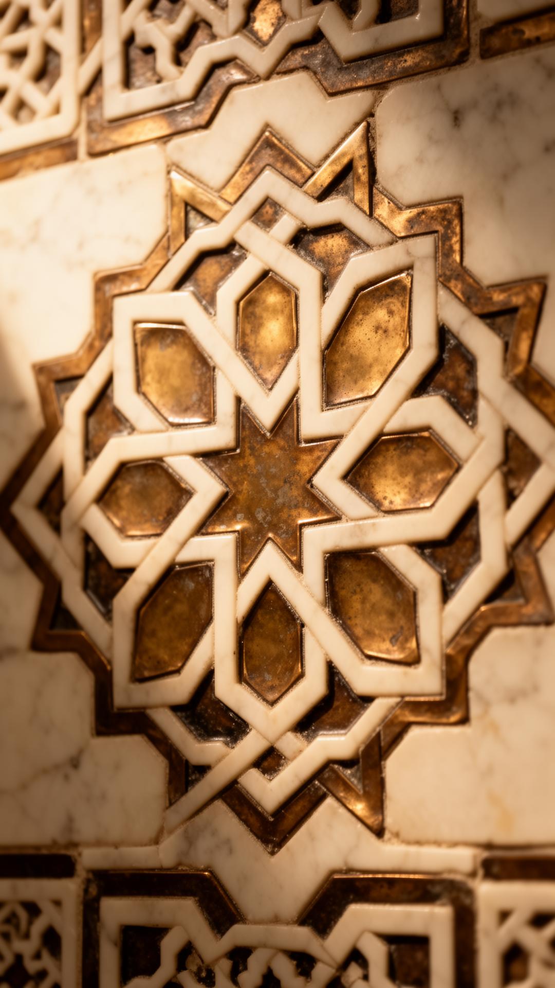 Detail of an Islamic geometric pattern in cream marble and bronze