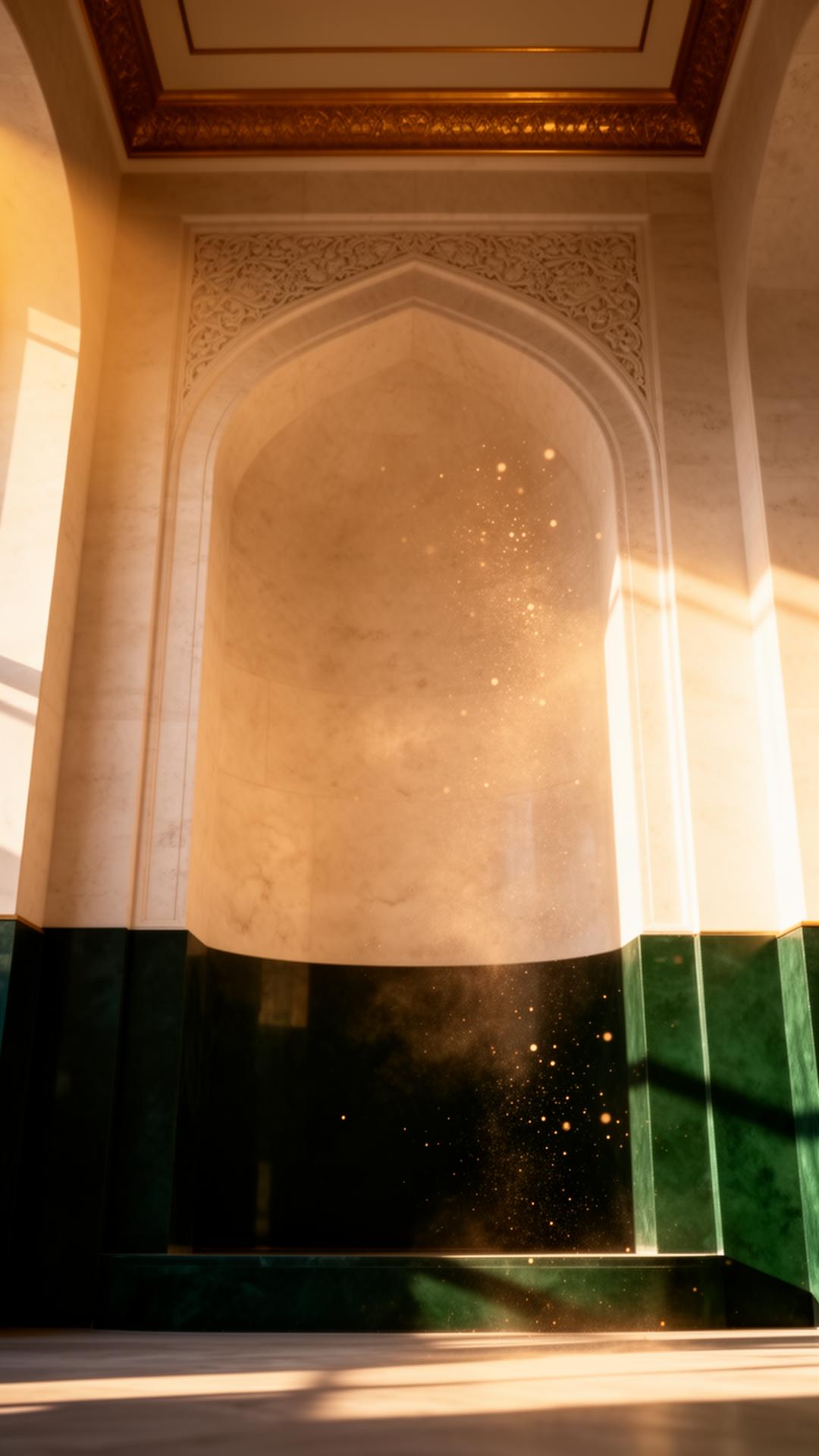 A single arched mihrab carved in pale limestone with golden hour light