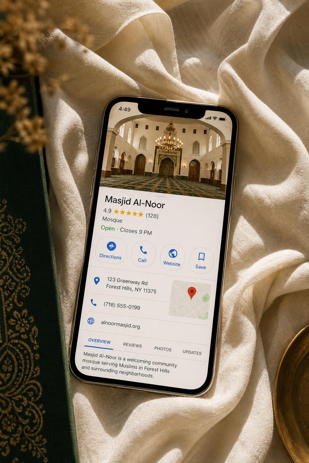 Google Business Profile for Masjid Al-Noor on a phone resting in soft ivory linen